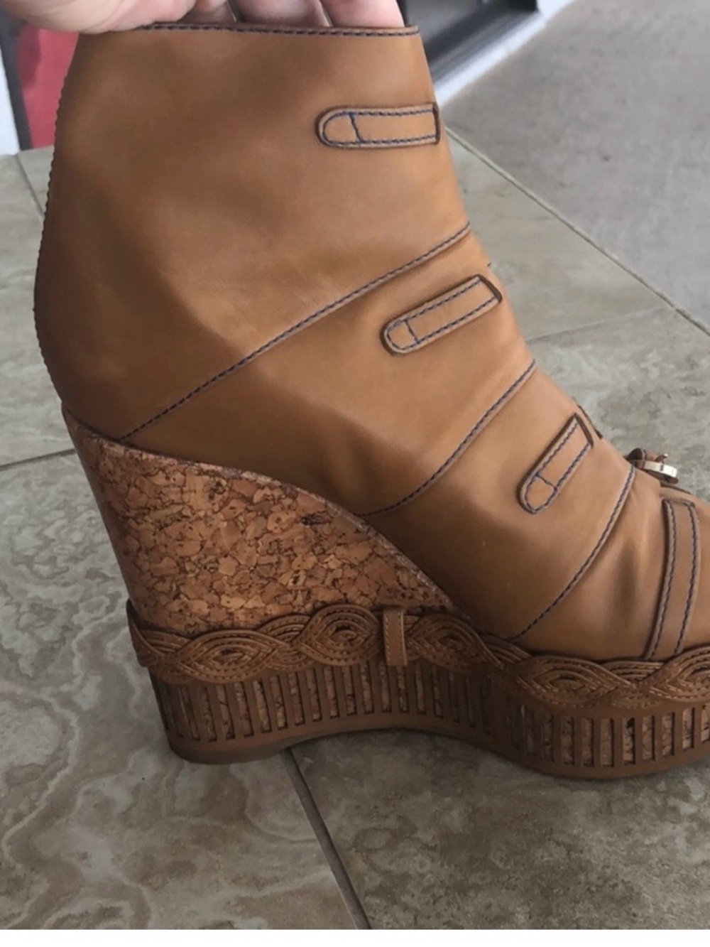 Sergio Rossi Tan Leather Cork Wedge Ankle Boot